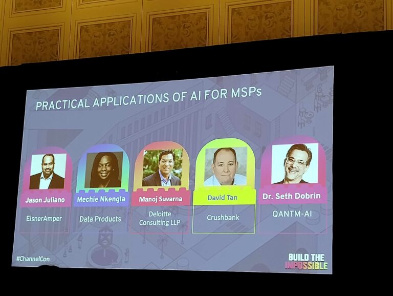 Seminar at ChannelCon 2023 with CompTIA AI Council Panel: "Practical Applications of AI for MSP's". Our very own Mechie Nkengla, PhD sharing the stage with Dr. Seth Dobrin, PhD from Qantm AI, LLC, Manoj Suvarna from Deloitte, Jason Juliano from EisnerAmper, and David Tan from CrushBank.
