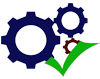 A logo with three cogs and a green checkbox